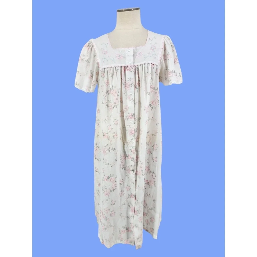 Vintage Floral Cotton Nightgown Womens Puff Sleeve Lace Trim Cottagecore Sleep